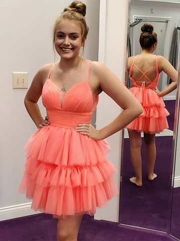 V Neck Open Back Layered Coral Short Prom Dresses, V Neck Coral Homecoming Dresses, Short Coral Formal Evening Dresses