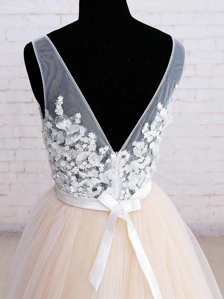 V Neck White And Champagne Tulle Floral Ball Gown Prom Dress, White And Champagne Formal Evening Dress