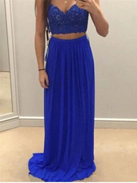 Royal Blue 2 Pieces Lace Prom Dresses, 2 Pieces Royal Blue Bridesmaid Dress, Formal Dresses