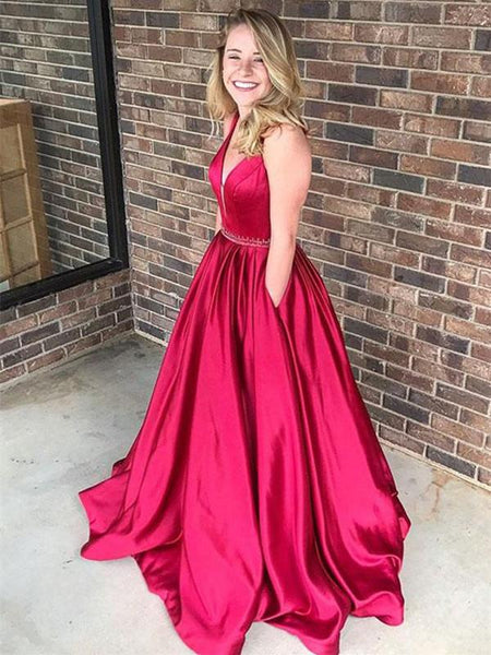 Custom Made Red V Neck Satin Prom Dress, Red V Neck Formal Dress