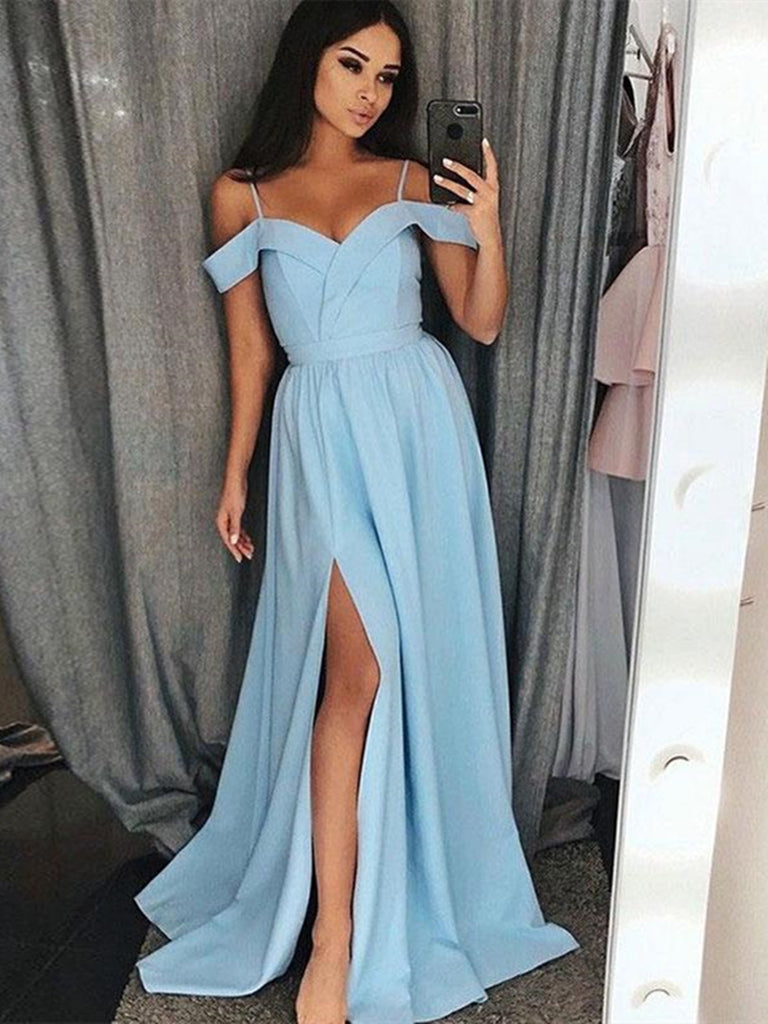 Custom Made Off Shoulder Blue Prom Dresses, Off The Shoulder Blue Formal Dresses with Leg Slit, Blue Graduation Dresses