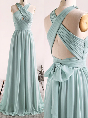 A Line Blue Chiffon Long Prom Dresses, A Line Blue Chiffon Long Formal Evening Dresses