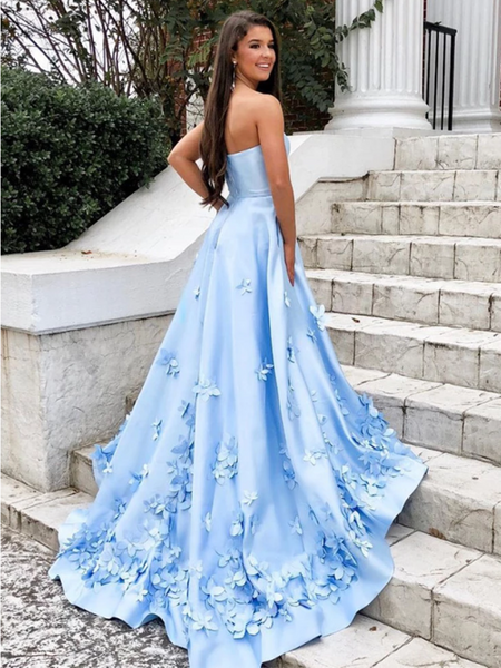 A Line Sweetheart Sky Blue 3D Floral Applique Long Prom Dresses With Pocket,  Sky Blue 3D Floral Applique Formal Evening Dresses