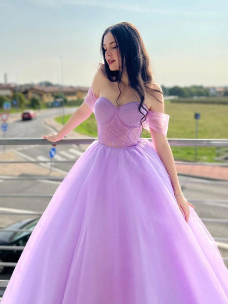 Elegant Off Shoulder Purple Tulle Long Prom Dresses, Off the Shoulder Lilac Formal Dresses,Sweetheart Neck Lavender Evening Dresses