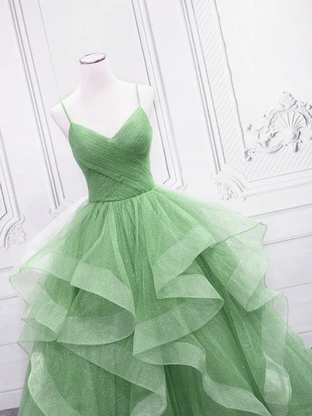 V Neck Open Back Light Green Tulle Long Prom Dresses, Shiny Light Green Formal Evening Dresses, Light Green Ball Gown