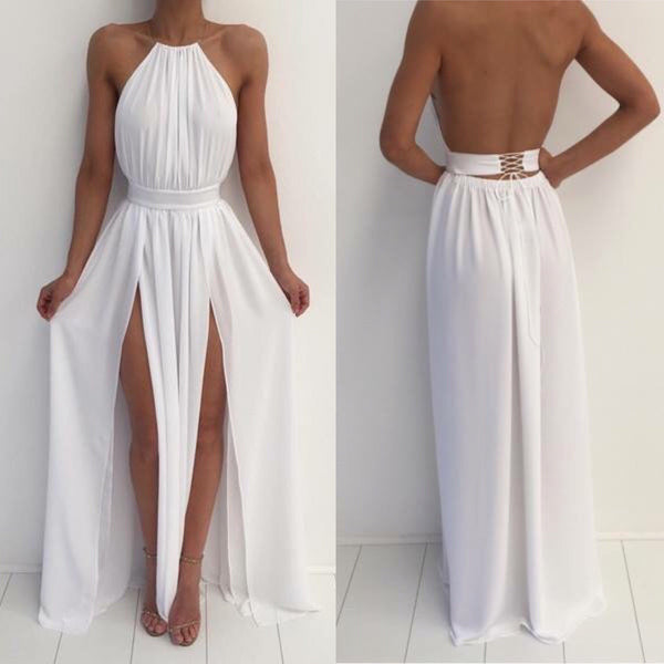 Custom Made A Line High Neck White Backless Prom Dresses, White Backless Formal Dresses, Bridesmaid Dresses