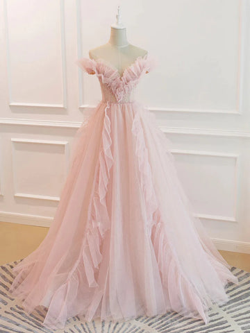 Elegant Off the Shoulder Pink Tulle Long Prom Dresses, Off Shoulder Pink Formal Dresses, Pink Evening Dresses