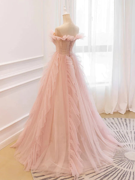 Elegant Off the Shoulder Pink Tulle Long Prom Dresses, Off Shoulder Pink Formal Dresses, Pink Evening Dresses