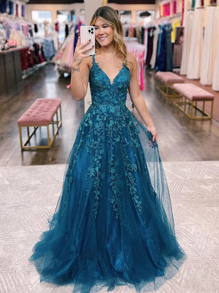 V Neck Open Back Blue Lace Long Prom Dress, Blue Lace Formal Dress, Blue Evening Dress