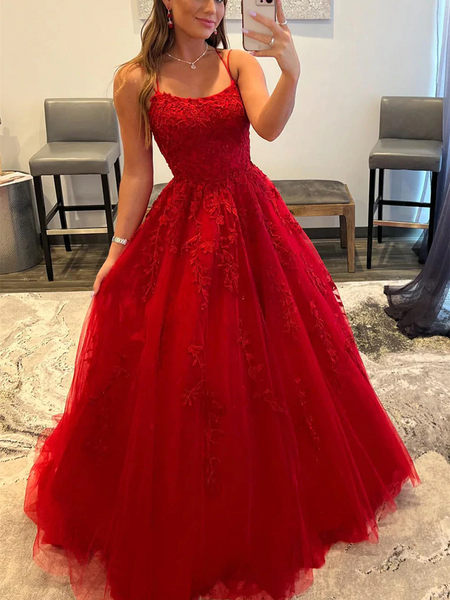 Red Backless Lace Prom Dresses, Open Back Red Lace Formal Graduation Dresses