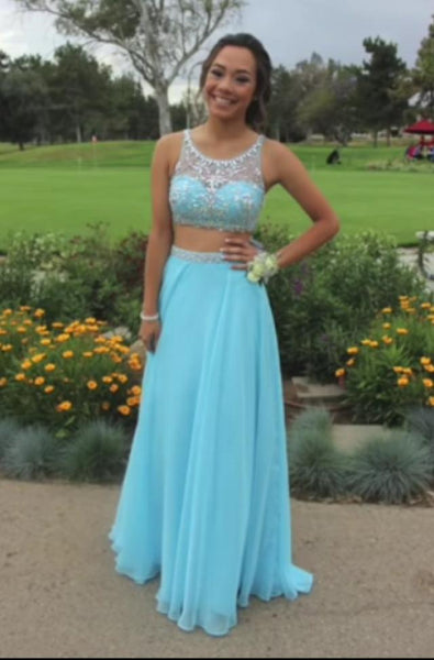 Custom Made A Line Round Neck 2 Pieces Light Blue Long Prom Dress, Blue Formal Dress