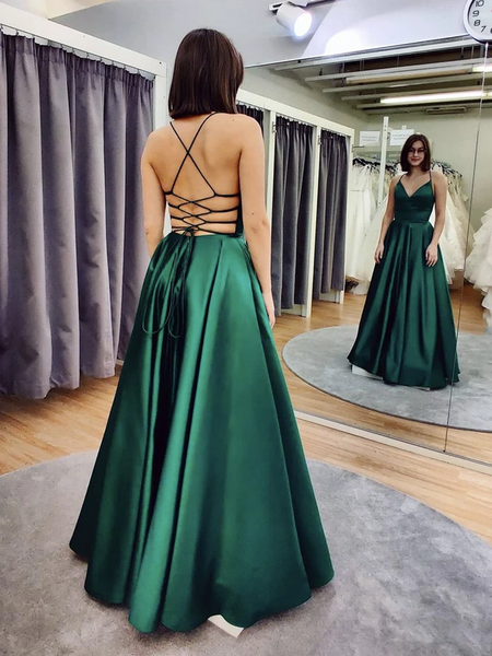 V Neck Backless Satin Green long Prom Dresses, Open Back Green Satin Formal Evening Dresses