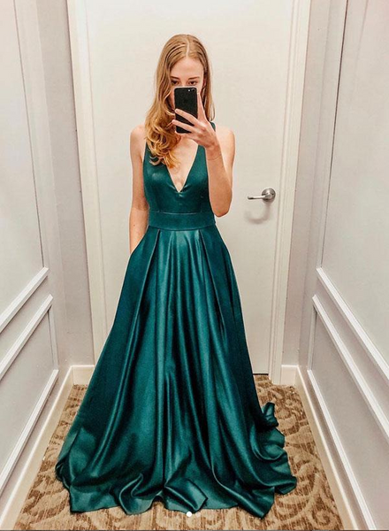 Deep V Neck Open Back Green Satin Long Prom Dresses,  V Neck Green Open Back  Long  Formal Graduation Evening Dresses