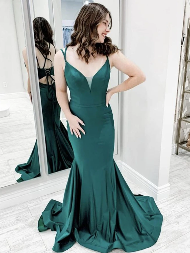 V Neck Backless Green Mermaid Long Prom Dresses, Green Mermaid Formal Evening Graduation Dresses