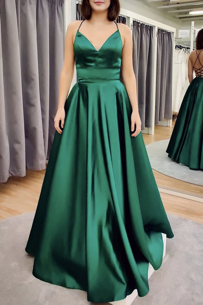 V Neck Backless Satin Green long Prom Dresses, Open Back Green Satin Formal Evening Dresses