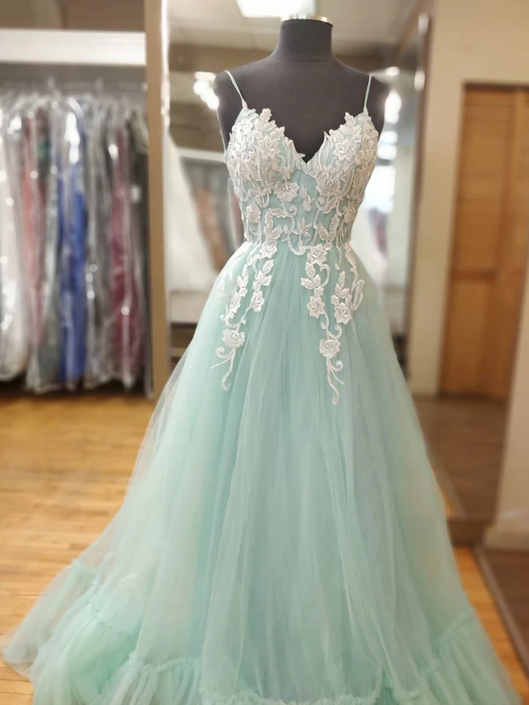 Spaghetti Straps V Neck Mint Green Lace Prom Dresses, V Neck Mint Green Lace Formal Evening Dresses