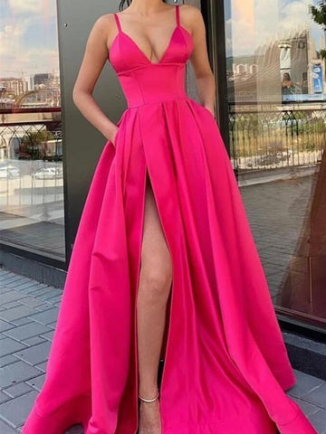 Simple V Neck Satin Long Prom Dresses, Simple V Neck Satin Long Formal Evening Dresses