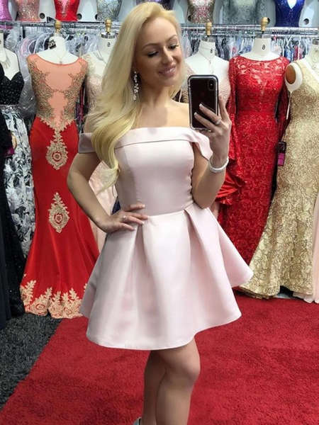 Off Shoulder Pink Short  Satin Prom Dresses, Short Off The Shoulder Navy Blue  Graduation Homecoming Dresses