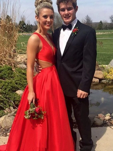 Unique V Neck Red Satin Long Prom Dresses, V Neck Red Formal Dresses, Red Evening Dresses