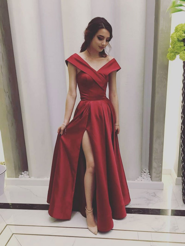 Burgundy Off Shoulder Satin Long Prom Dresses With Leg Slit, Maroon Formal Dresses, Wine Red Off The Shoulder Evening Graduation Dresses