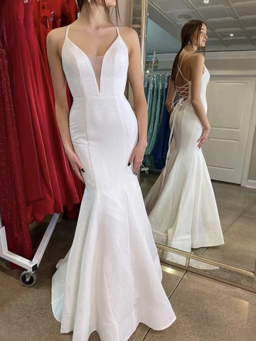 V Neck Mermaid Backless White Long Prom Dresses, V Neck Mermaid Backless White Long Formal Evening Dresses