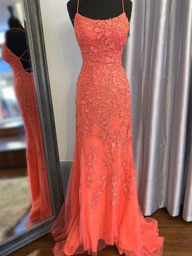 Fitted Criss Cross Back Prom Dresses, Mermaid Backless Orange Lace Long Prom Dresses, Mermaid Orange Lace Formal Dresses, Open Back Orange Lace Evening Dresses