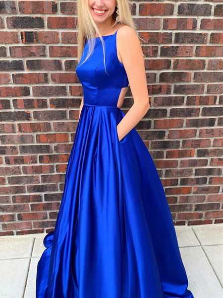 Simple A Line Open Back Royal Blue /Red Satin Long Prom Dresses with Pockets, Open Back Long Royal Blue/Red Formal Evening Dresses