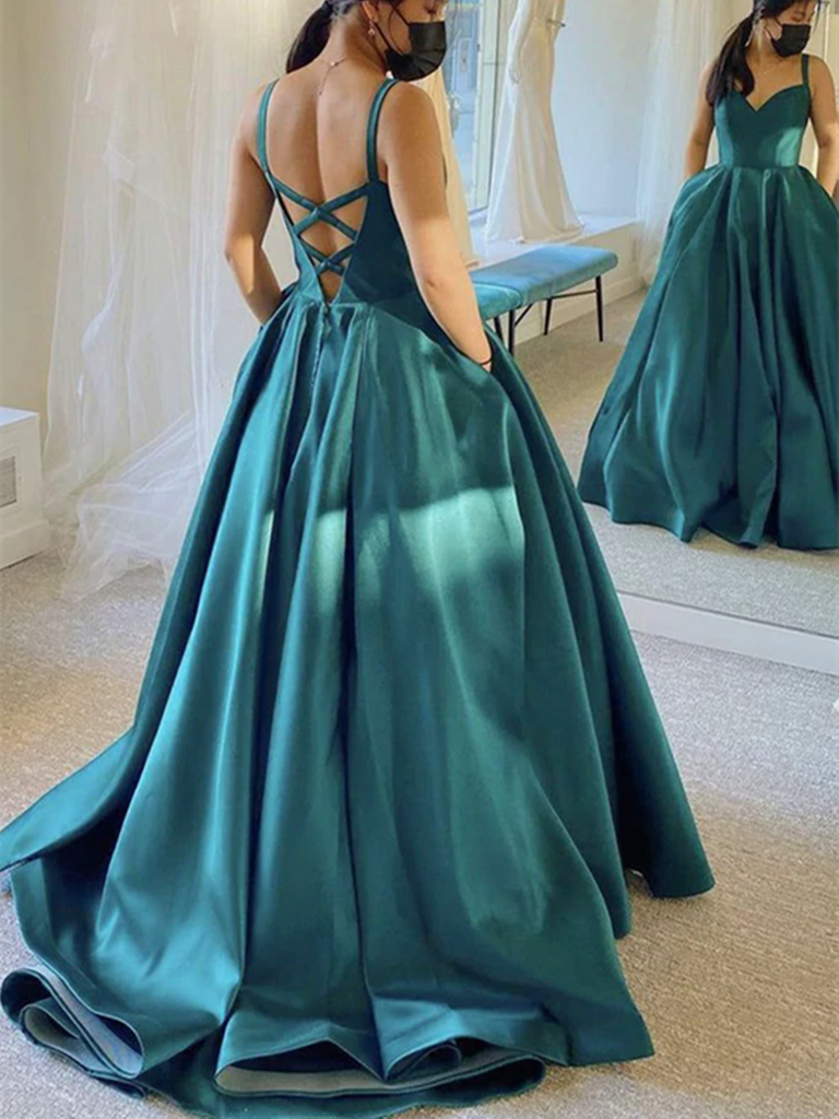 Simple A Line V Neck Emerald Green Satin Long Prom Dresses, Long Green Formal Evening Dresses