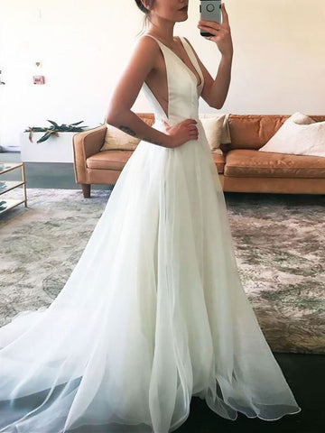 Simple V Neck White Tulle Long Prom Dress, Simple V Neck White Tulle Long Formal Evening Dress