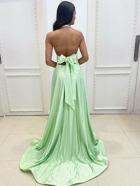 Halter V Neck Backless Sage Long Prom Dresses with High Slit, Backless Sage Bridesmaid Dresses, Sage Formal Graduation Evening Dresses