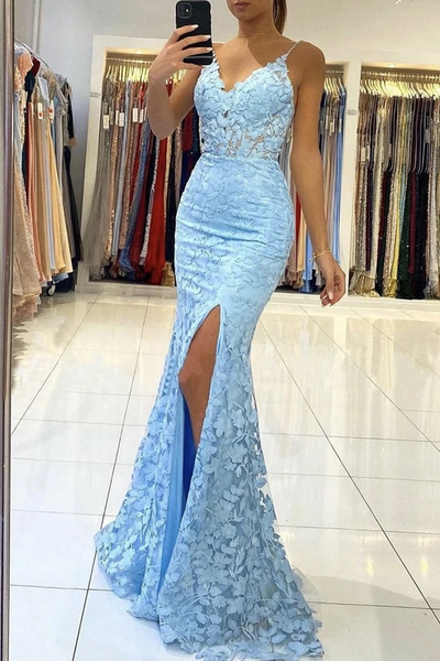 Mermaid V Neck Backless Blue Lace Long Prom Dress, Mermaid Blue Lace Formal Dress, Blue Lace Evening Dress