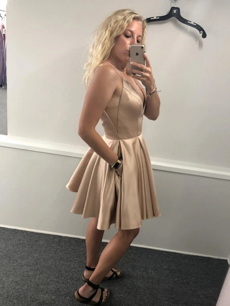 V Neck Champagne Satin Short Prom Dresses with Pocket, V Neck Champagne Satin Short Formal Evening Dresses，Champagne Short  Homecoming Dresses