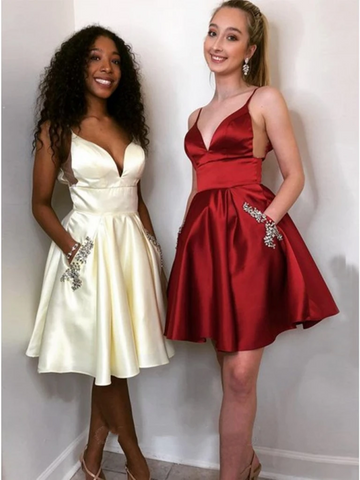 A Line V Neck Short Yellow Burgundy Prom Dresses With Pocket, Yellow Burgundy Short Graduation Homecoming Dresses