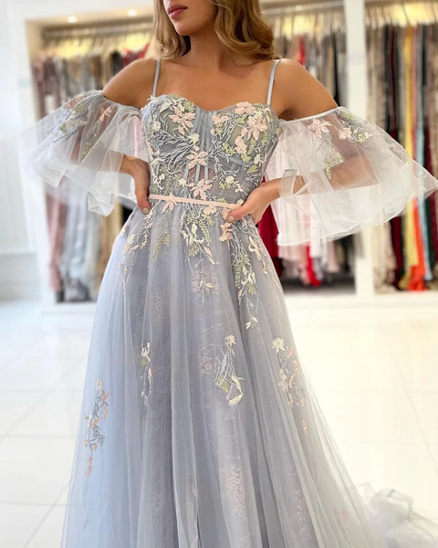 Off the Shoulder Floral Prom Dresses, Off Shoulder Long Flower Formal Graduation Dresses