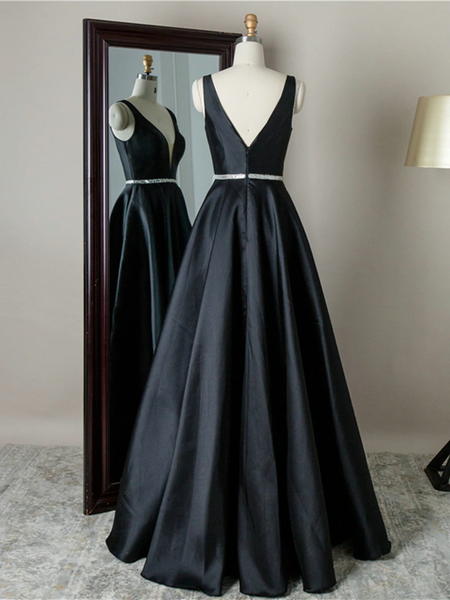 Simple V Neck Black Satin Long Prom Dresses with Belt, V Neck Black Formal Graduation Evening Dresses