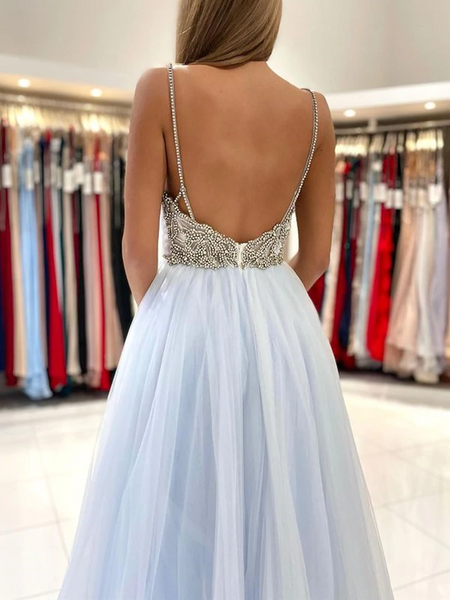 A Line V Neck Light Blue Tulle Long Prom Dresses, Backless Blue Tulle Long Formal Graduation Dresses