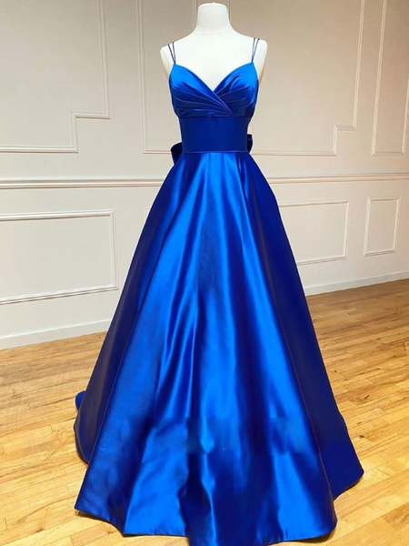 A Line V Neck Royal Blue Prom Dresses with bowknot, V Neck Royal Blue Formal Evening Dresses