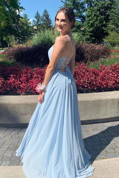 V Neck Blue Chiffon Backless Long Prom Dresses, V Neck Blue Chiffon Backless Long Formal Evening Dresses