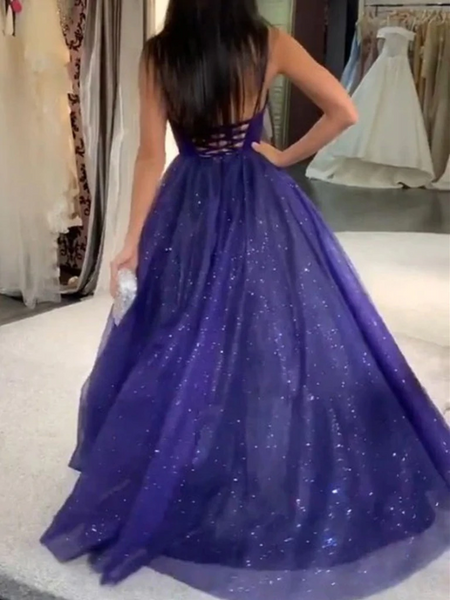 Shiny V Neck Backless Blue Tulle Long Prom Dresses, Backless Blue Formal Dresses, Blue Evening Dresses