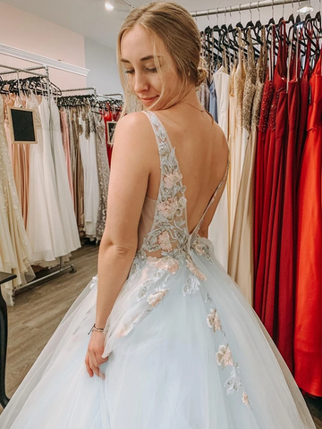 Deep V Neck Blue Lace Tulle Prom Dresses, Open Back V Neck Blue Floral Long Formal Evening Dresses