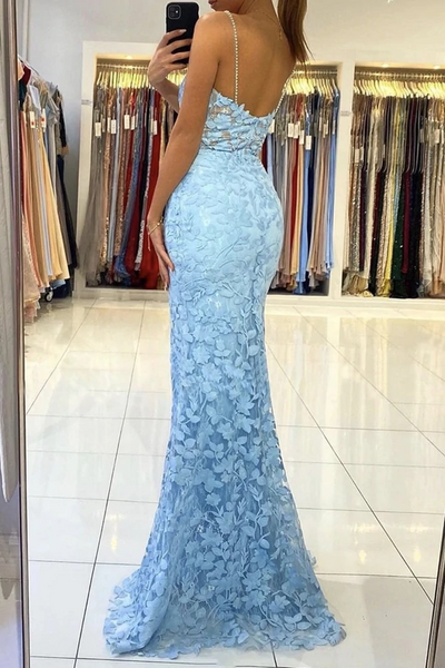 Mermaid V Neck Backless Blue Lace Long Prom Dress, Mermaid Blue Lace Formal Dress, Blue Lace Evening Dress