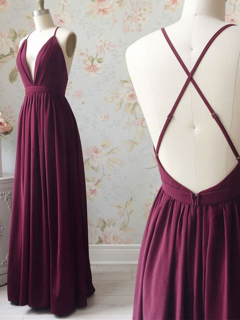 Simple V Neck Chiffon Long Prom Dress, Simple V Neck Chiffon Long Formal Evening Dress