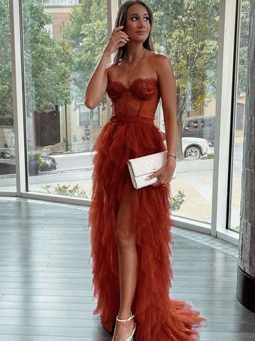 High Low Layered Ruffle Burgundy Tulle Long Prom Dresses, Ruffle Burgundy Formal Graduation Evening Dresses