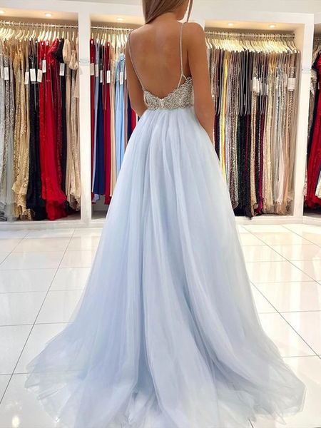 A Line V Neck Light Blue Tulle Long Prom Dresses, Backless Blue Tulle Long Formal Graduation Dresses