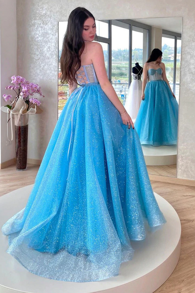 A Line Blue Tulle Long Prom Dresses, Sweetheart Neck Blue Long Formal Evening Dresses