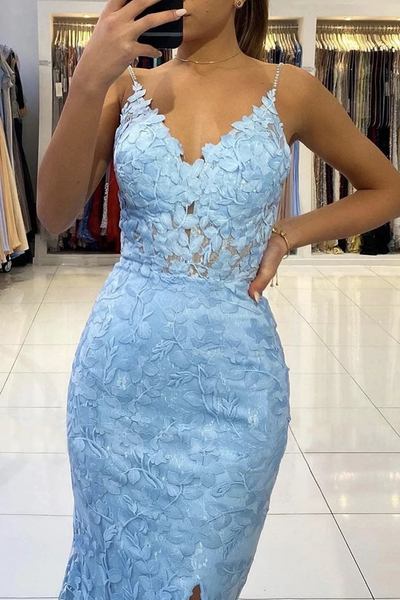 Mermaid V Neck Backless Blue Lace Long Prom Dress, Mermaid Blue Lace Formal Dress, Blue Lace Evening Dress