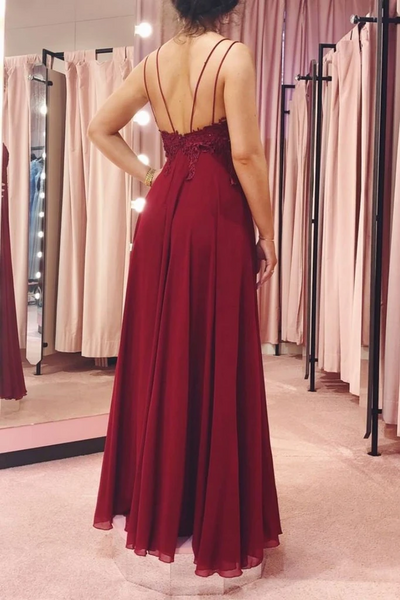 V Neck Backless Burgundy Lace Long Prom Dresses, Backless Burgundy Lace Formal Dresses, Burgundy Lace Evening Dresses