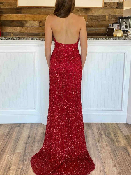 Mermaid Backless V Neck Burgundy Sequins Long Prom Dresses, Mermaid Burgundy Formal Dresses, Shiny Sequins Burgundy Evening Dresses