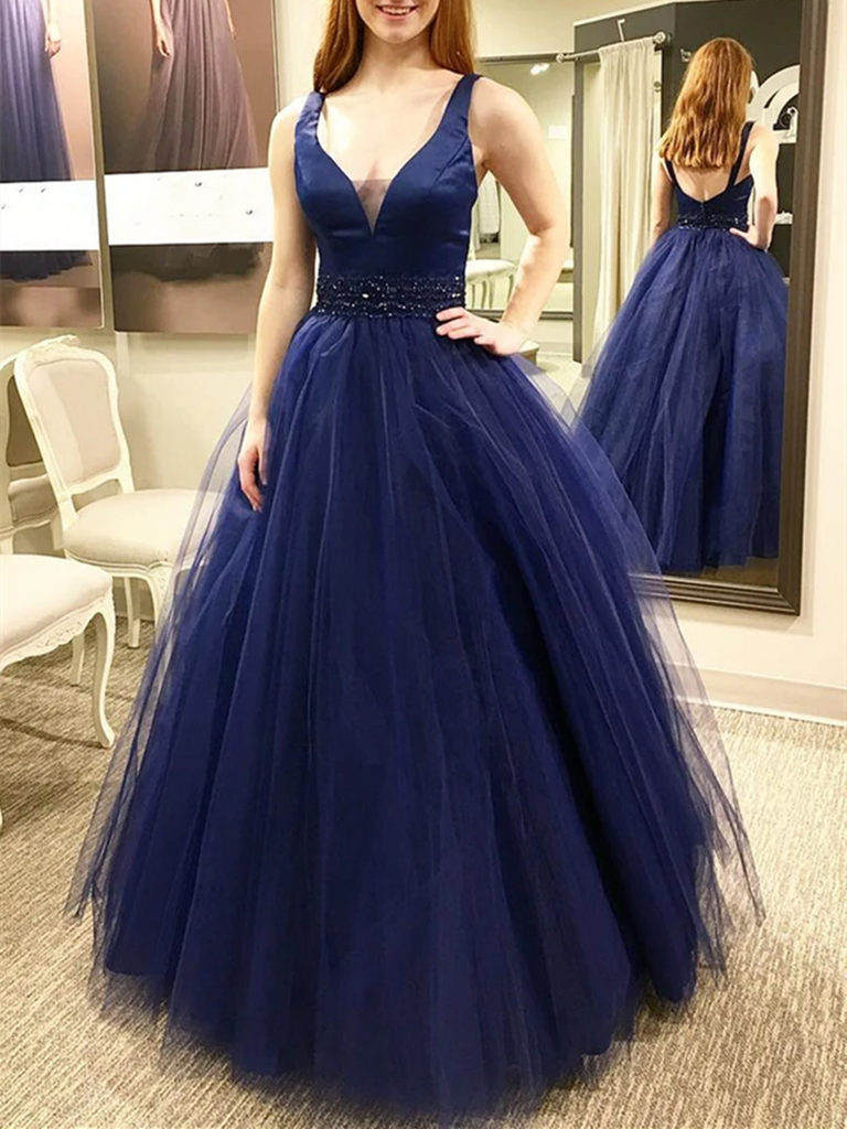 V Neck Open Back Blue Beaded Long Prom Dresses, V Neck Blue Formal Dress, Beaded Blue Evening Dresses