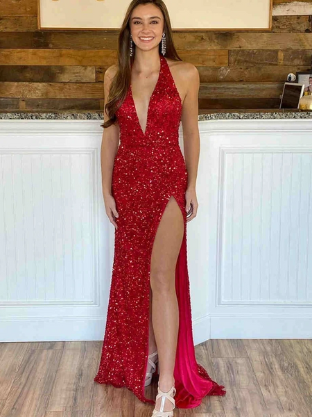 Mermaid Backless V Neck Burgundy Sequins Long Prom Dresses, Mermaid Burgundy Formal Dresses, Shiny Sequins Burgundy Evening Dresses